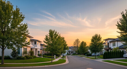 Peaceful suburban neighborhood street lined with trees and well kept family homes