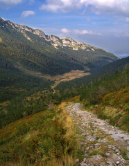 Wide panoramic view of a mountain valley in the Tatra Mountains with a winding path. The image captures the vastness of the mountain range and green summer pastures.