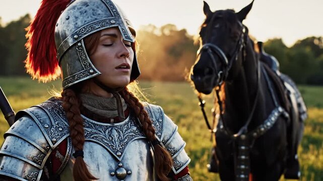 Valiant female knight in armor with horse at sunset