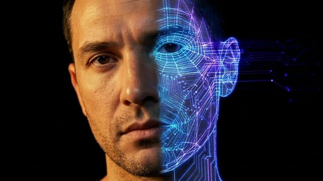 Man's face split between human and digital representation with glowing blue circuits symbolizing artificial intelligence and technology integration.