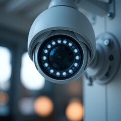 A sleek white surveillance camera peers out, its lens ringed with infrared LEDs, ready to monitor every moment under its vigilant gaze.