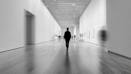 Obraz premium Lone Figure Walking Through Modern Art Gallery