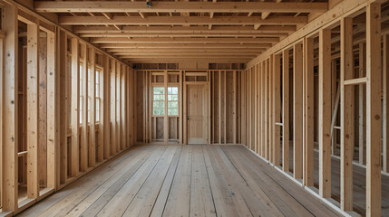 Exposed Wood Stud Framing and Floorboards of House Interior During Renovation or Construction