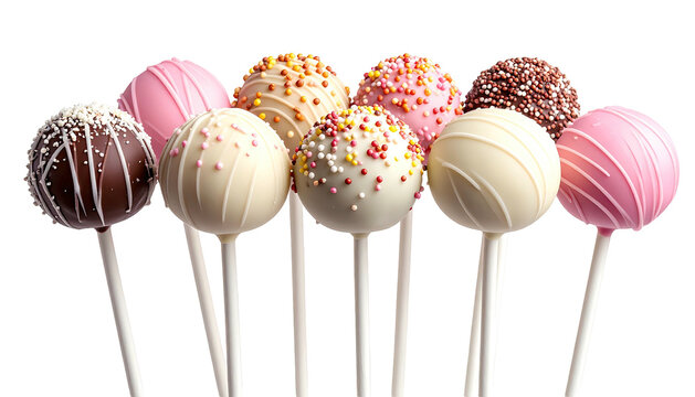 Assorted pastel-colored cake pops, decorated with sprinkles, on sticks against a dark background