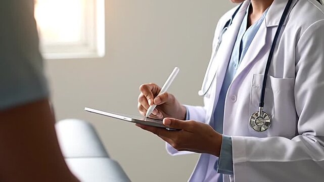 Doctor in white lab coat writing on a notepad in a medical office.