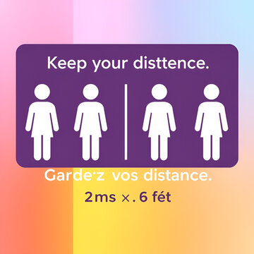Vector illustration of social distancing. Keep your distance in french (Gardez vos distances). Person location icons. 2 meters or 6 feet. White icons on rainbow background with frame.