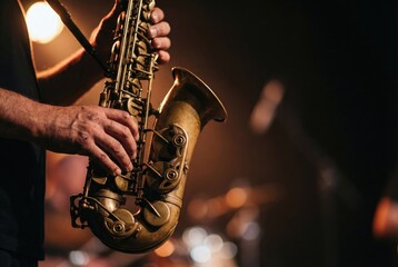 Close-up of a jazz musician's hands playing a vintage brass saxophone during a live performance on a dimly lit stage.