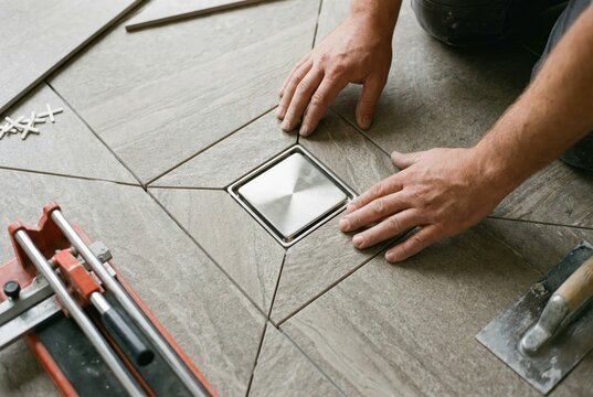 A tiler's hands carefully place floor tiles around a square, stainless steel shower drain during a bathroom renovation.