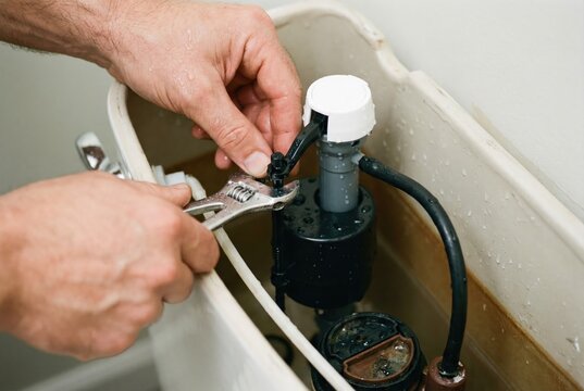 A plumber uses an adjustable wrench to tighten or repair the internal fill valve mechanism of a toilet cistern.