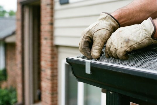 A worker's dirty gloved hands are installing a metal mesh screen as a gutter guard to keep out leaves.