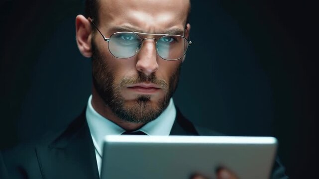 Intense Focus: A sharply dressed man with a determined gaze engrossed in his tablet, embodying intelligence and modern professionalism.