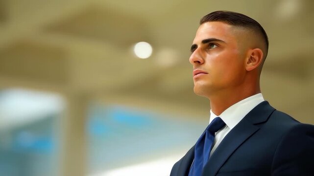 Confident Professional: A distinguished professional, exuding confidence and a determined gaze, is captured in a formal setting, embodying the essence of success and ambition.