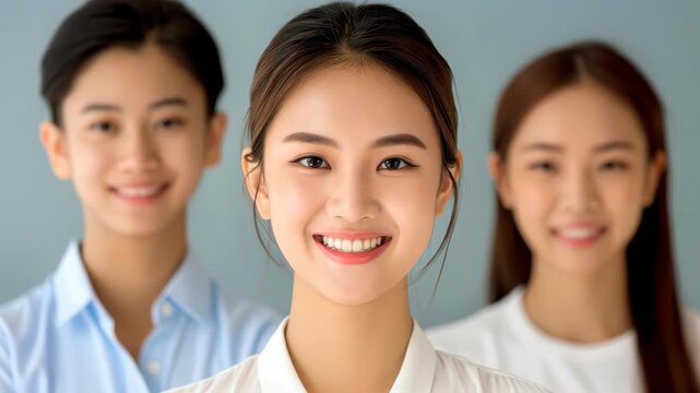 Confident Smiles: Portrait of three Asian women radiating confidence and optimism, Their bright smiles suggest warmth, happiness, and a shared sense of well-being. 