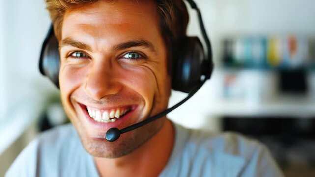Friendly Customer Service: A friendly individual, radiates positivity while wearing a headset. Smiling and eager to help, the person embodies professionalism and approachability. 