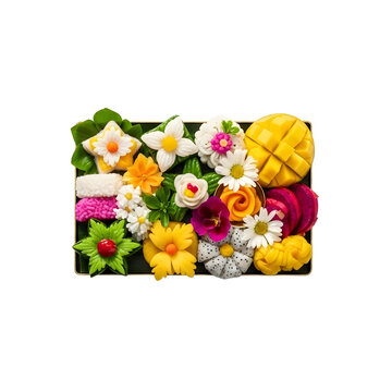 Colorful assortment of decorative fruit and flower desserts on tray  isolated on transparent background