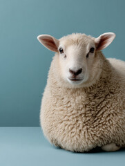 Obraz premium Cute sheep sitting against a plain blue background indoors