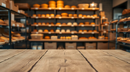 Empty wooden table with a rustic texture in a bakery shop featuring a blurred background of shelves filled with baked goods