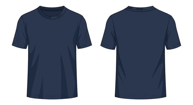 A simple dark blue short-sleeved t-shirt shown from both front and back perspectives against a clean white backdrop.