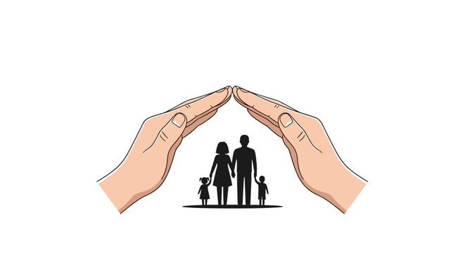 Two hands create a protective roof above a silhouetted family featuring father, mother, daughter, and son standing together.
