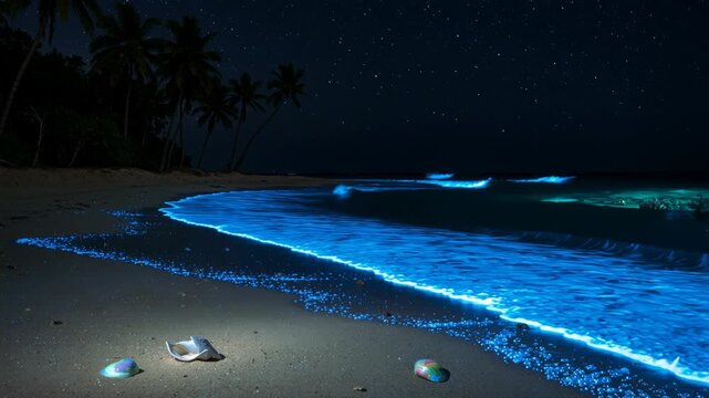 Rhythmic waves of bioluminescent blue plankton surging onto a deserted tropical shore at night with phosphorescent foam fading across wet sand under a star-filled sky
