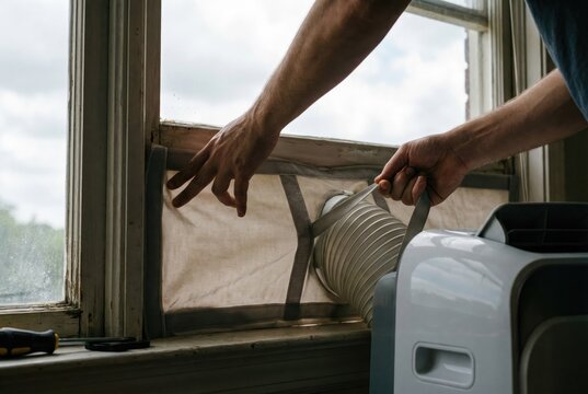 A person's hands installing the exhaust hose of a portable air conditioner into a window vent kit for home cooling.