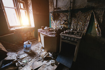 Aftermath of fire. Burnt domestic room interior