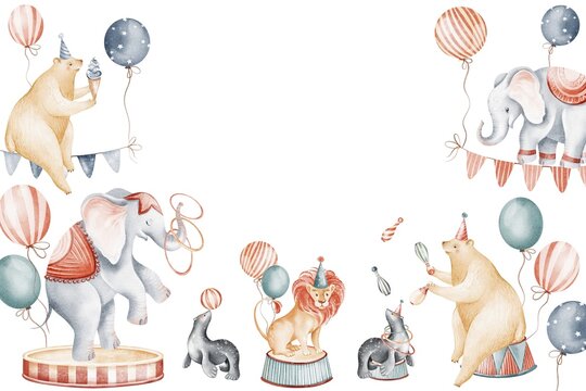 Watercolor illustration of circus animals, clowns, balloons, and carnival decorations for invitation, poster, greeting card. Background of circus show chapiteau for birthday or festival card.
