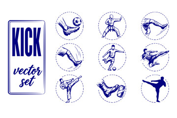 Fototapeta premium Kick Kicking-Action Martial-Arts-Kick Soccer-Kick Kick-Motion Karate-Kick Kick-Action Leg-Kick High-Kick Kick-Movement Vector Set - Kick Action