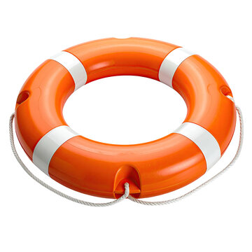 Bright orange life preserver buoy with white bands resting against a black backdrop