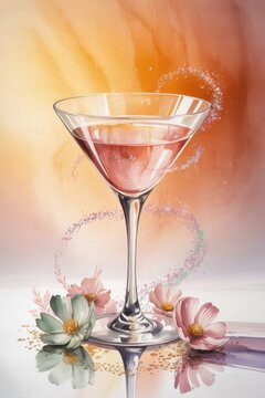 Delicate pink cocktail in a tall martini glass with soft flowers at the base on warm gradient background, romantic festive mood with gentle sparkle details