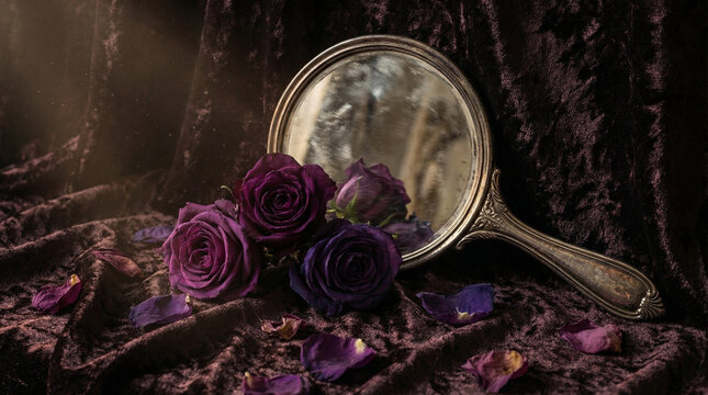 Dramatic Purple Roses Venus Mirror Still Life. Moody side-lit composition featuring deep purple roses reflected in vintage hand mirror with scattered petals, dark velvet backdrop
