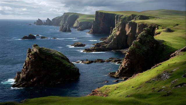  Breathtaking isolated, serene, unpopulated landscape showcasing Shetland Islands &ndash; Remote northern isles with rugged coasts and Norse heritage