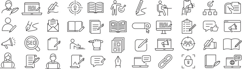 ベクターでモノクロのコピーライティングに関する線画アイコンセット
