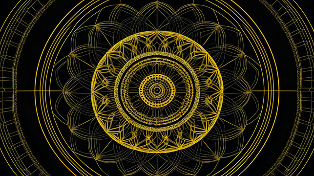Yellow geometric mandala with interwoven lines and decagon symmetry on black background, evoking energy, precision, and visual depth.