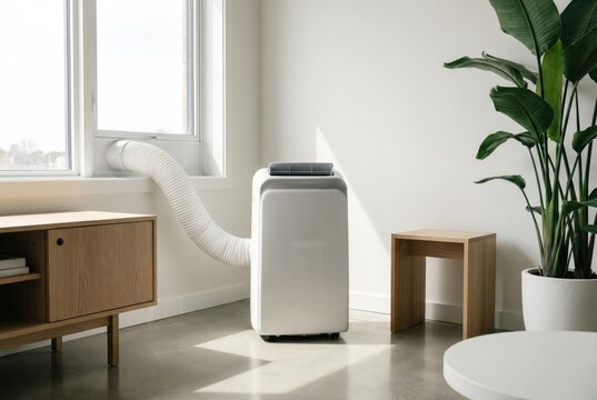 A sleek, white portable air conditioner stands in a modern, sunlit room, with its exhaust hose vented through a window.
