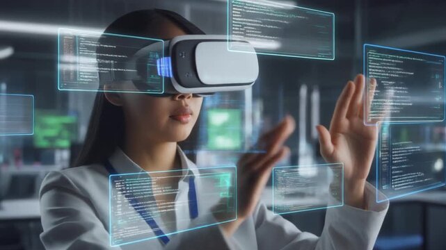 Young Asian woman immersed in virtual reality, interacting with futuristic holographic displays of data and code, signifying advancements in technology and digital exploration