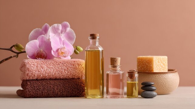 Serene Spa Setup Featuring Towels, Essential Oils, Soap, Stones, and Orchid on Soft Neutral Background for Relaxation and Wellness Themes