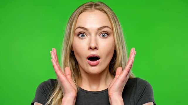 Close-up of a young blonde woman with an emotional wow! reaction, showing surprise, excitement or shock, opening eyes and mouth wide, raising hands to face against a plain green chroma key background