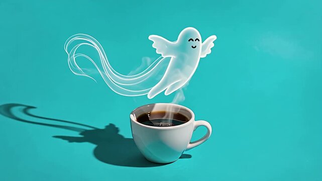 Whimsical Ghost Rising From Hot Coffee Cup Caffeine Energy Concept