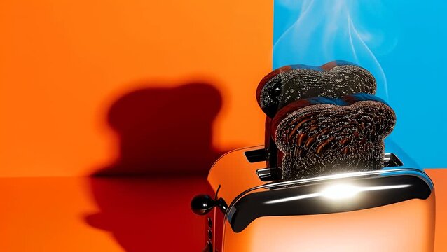 Chrome Toaster with Black Charred Toast Ejecting Steam on Vibrant Background