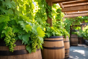 Fototapeta premium Traditional Wine Cellar Exterior View with Grapes and Lush Greenery