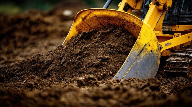 Close-up View of Heavy Machinery Bucket Scooping Soil in Construction Site with Dirt and Grime in Focus, Demonstrating Power and Efficiency in Earthmoving Tasks
