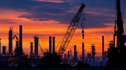 Obraz premium Industrial Landscape at Dusk with Silhouetted Construction Cranes Against a Vibrant Sunset Sky and Smokestacks Emitting Light and Colors