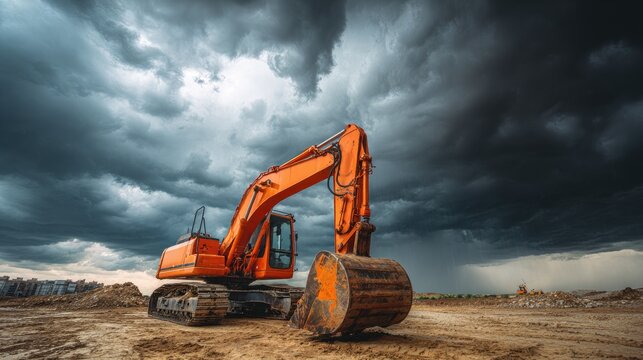 Heavy machinery excavator on construction site against dramatic stormy sky with dark clouds and impending rainfall in background, showcasing industrial power