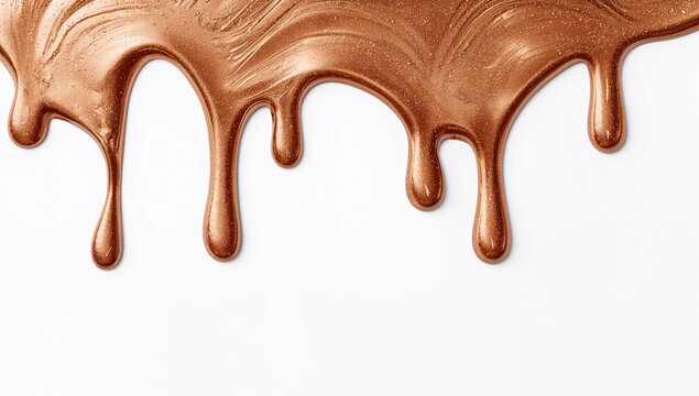 Metallic Bronze Paint Drips Flowing Down Isolated on White Background