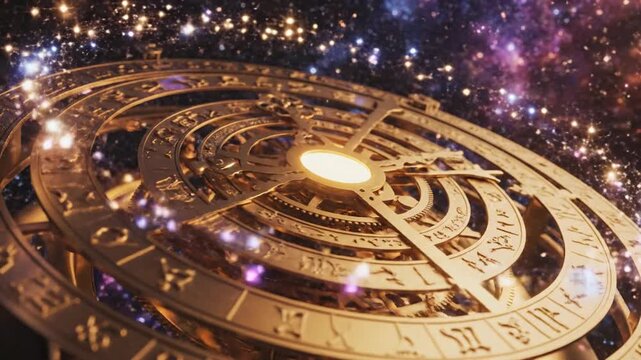 Intricate golden armillary sphere in deep space with glowing light