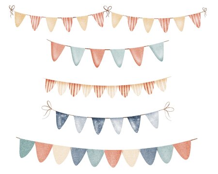 Watercolor Illustration of triangular flags and pennants for birthday, carnival, or event decoration. Hanging string design for parties.