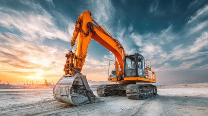 Heavy construction machinery excavator in operation during sunset at a construction site, showcasing dynamic movement and powerful capabilities in rugged terrain