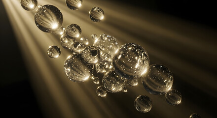 Fototapeta premium Cluster of Glowing Gold Reflective Spheres or Bubbles Illuminated by Dramatic Light Rays on Dark Background.