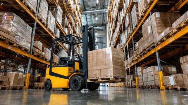 Efficient Forklift Operation in Modern Warehouse, Lifted Pallet with Cardboard Boxes Among Tall Storage Shelves and Organized Inventory